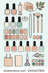 Cute and minimalistic vector illustration set is perfect for beauty, self-care, and spa-themed designs. It includes hand-drawn elements such as nail polish bottles, makeup palettes, brushes, candles.