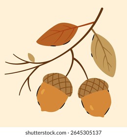 Ilustração vetorial minimalista bonito de duas bolotas penduradas em um ramo delicado com folhas de outono, projetado em tons quentes de terra. Perfeito para projetos sazonais, projetos temáticos de queda, adesivos, 