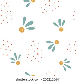 Cute minimalistic vector pattern or print. Bright tiny berries with green leaves on a contrasting white background