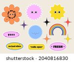 Cute minimalistic vector sticker pack. A bundle of colourful retro shapes with phrases. Stars, flowers, rainbow with funny faces. Editable badge clipart design.