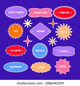 Cute minimalistic vector sticker pack. A bundle of colourful retro shapes with zodiac signs names. Stars, flowers, astrology signs. Editable badge clipart design.