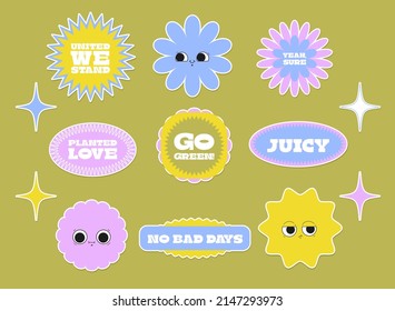 Cute minimalistic vector sticker pack. A bundle of colourful retro shapes with phrases. Stars, flowers, geometry with funny faces. Editable badge clipart design.