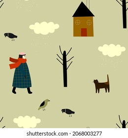 Cute minimalistic winter pattern with houses, trees , walking woman, birds and cats. Winter background. Perfect for fabric, textile, wallpaper, kindergarten.