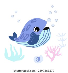 Cute Minke whale with bubbles, seashells and seaweed underwater. Vector illustration of marine life character