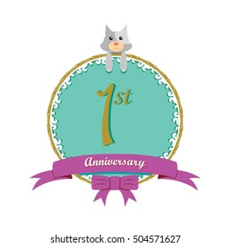 cute mint color circle with grey or gray dog doll and purple ribbon 1st anniversary design for baby, kids, toys shop, dolls shop, business, and event