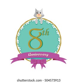 cute mint color circle with grey or gray dog doll and purple ribbon 8th anniversary design for baby, kids, toys shop, dolls shop, business, and event