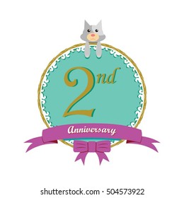 cute mint color circle with grey or gray dog doll and purple ribbon 2nd anniversary design for baby, kids, toys shop, dolls shop, business, and event