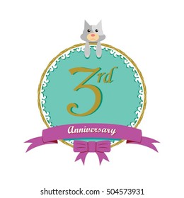cute mint color circle with grey or gray dog doll and purple ribbon 3rd anniversary design for baby, kids, toys shop, dolls shop, business, and event