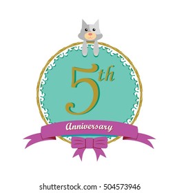 cute mint color circle with grey or gray dog doll and purple ribbon 5th anniversary design for baby, kids, toys shop, dolls shop, business, and event