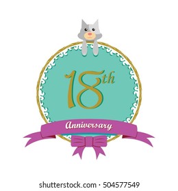 cute mint color circle with grey or gray dog doll and purple ribbon 18th anniversary design for baby, kids, toys shop, dolls shop, business, and event