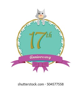 cute mint color circle with grey or gray dog doll and purple ribbon 17th anniversary design for baby, kids, toys shop, dolls shop, business, and event