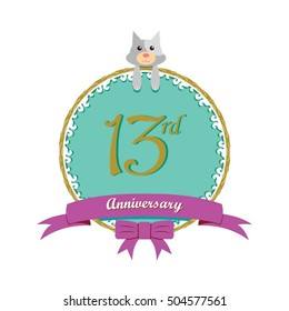 cute mint color circle with grey or gray dog doll and purple ribbon 13rd anniversary design for baby, kids, toys shop, dolls shop, business, and event