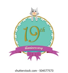 cute mint color circle with grey or gray dog doll and purple ribbon 19th anniversary design for baby, kids, toys shop, dolls shop, business, and event