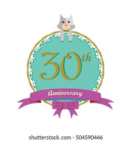cute mint color circle with grey or gray dog doll and purple ribbon 30th anniversary design for baby, kids, toys shop, dolls shop, business, and event