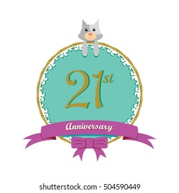 cute mint color circle with grey or gray dog doll and purple ribbon 21st anniversary design for baby, kids, toys shop, dolls shop, business, and event