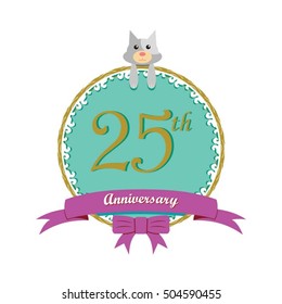 cute mint color circle with grey or gray dog doll and purple ribbon 25th anniversary design for baby, kids, toys shop, dolls shop, business, and event