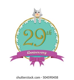 cute mint color circle with grey or gray dog doll and purple ribbon 29th anniversary design for baby, kids, toys shop, dolls shop, business, and event