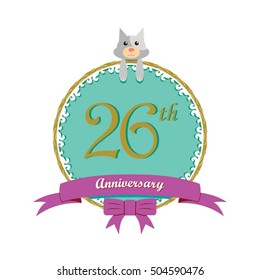 cute mint color circle with grey or gray dog doll and purple ribbon 26th anniversary design for baby, kids, toys shop, dolls shop, business, and event