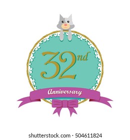 cute mint color circle with grey or gray dog doll and purple ribbon 32nd anniversary design for baby, kids, toys shop, dolls shop, business, and event