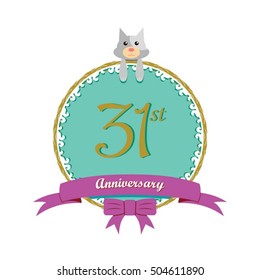 cute mint color circle with grey or gray dog doll and purple ribbon 31st anniversary design for baby, kids, toys shop, dolls shop, business, and event