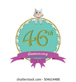 cute mint color circle with grey or gray dog doll and purple ribbon 46th anniversary design for baby, kids, toys shop, dolls shop, business, and event