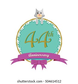 cute mint color circle with grey or gray dog doll and purple ribbon 44th anniversary design for baby, kids, toys shop, dolls shop, business, and event