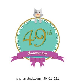 cute mint color circle with grey or gray dog doll and purple ribbon 49th anniversary design for baby, kids, toys shop, dolls shop, business, and event