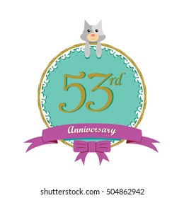 cute mint color circle with grey or gray dog doll and purple ribbon 53rd anniversary design for baby, kids, toys shop, dolls shop, business, and event