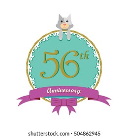 cute mint color circle with grey or gray dog doll and purple ribbon 56th anniversary design for baby, kids, toys shop, dolls shop, business, and event