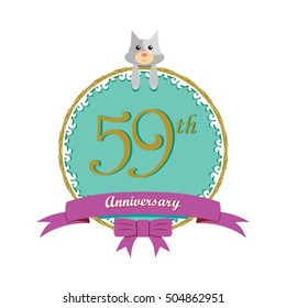 cute mint color circle with grey or gray dog doll and purple ribbon 59th anniversary design for baby, kids, toys shop, dolls shop, business, and event