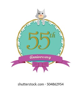 cute mint color circle with grey or gray dog doll and purple ribbon 55th anniversary design for baby, kids, toys shop, dolls shop, business, and event