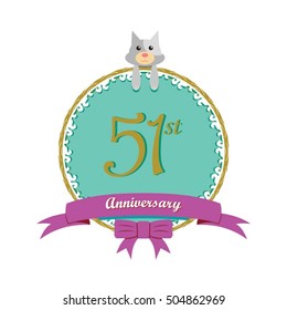 cute mint color circle with grey or gray dog doll and purple ribbon 51st anniversary design for baby, kids, toys shop, dolls shop, business, and event