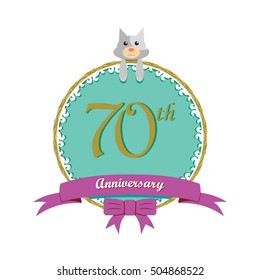 cute mint color circle with grey or gray dog doll and purple ribbon 70th anniversary design for baby, kids, toys shop, dolls shop, business, and event