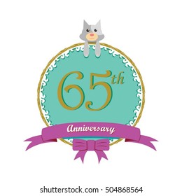 cute mint color circle with grey or gray dog doll and purple ribbon 65th anniversary design for baby, kids, toys shop, dolls shop, business, and event