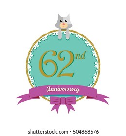 cute mint color circle with grey or gray dog doll and purple ribbon 62nd anniversary design for baby, kids, toys shop, dolls shop, business, and event