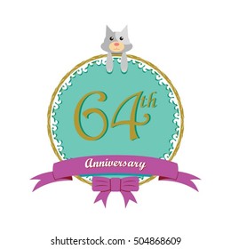 cute mint color circle with grey or gray dog doll and purple ribbon 64th anniversary design for baby, kids, toys shop, dolls shop, business, and event