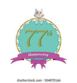 cute mint color circle with grey or gray dog doll and purple ribbon 77th anniversary design for baby, kids, toys shop, dolls shop, business, and event