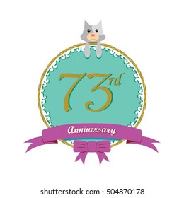 cute mint color circle with grey or gray dog doll and purple ribbon 73rd anniversary design for baby, kids, toys shop, dolls shop, business, and event