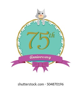 cute mint color circle with grey or gray dog doll and purple ribbon 75th anniversary design for baby, kids, toys shop, dolls shop, business, and event