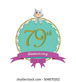 cute mint color circle with grey or gray dog doll and purple ribbon 79th anniversary design for baby, kids, toys shop, dolls shop, business, and event