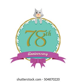 cute mint color circle with grey or gray dog doll and purple ribbon 78th anniversary design for baby, kids, toys shop, dolls shop, business, and event