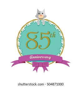 cute mint color circle with grey or gray dog doll and purple ribbon 85th anniversary design for baby, kids, toys shop, dolls shop, business, and event
