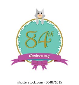 cute mint color circle with grey or gray dog doll and purple ribbon 84th anniversary design for baby, kids, toys shop, dolls shop, business, and event
