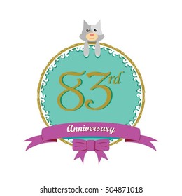 cute mint color circle with grey or gray dog doll and purple ribbon 83rd anniversary design for baby, kids, toys shop, dolls shop, business, and event