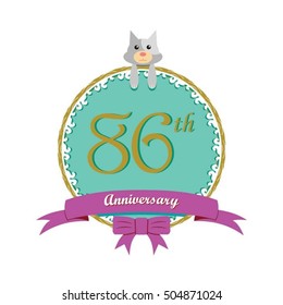 cute mint color circle with grey or gray dog doll and purple ribbon 86th anniversary design for baby, kids, toys shop, dolls shop, business, and event