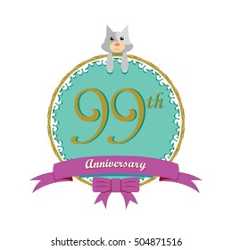 cute mint color circle with grey or gray dog doll and purple ribbon 99th anniversary design for baby, kids, toys shop, dolls shop, business, and event