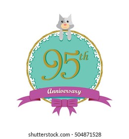 cute mint color circle with grey or gray dog doll and purple ribbon 95th anniversary design for baby, kids, toys shop, dolls shop, business, and event