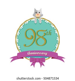 cute mint color circle with grey or gray dog doll and purple ribbon 98th anniversary design for baby, kids, toys shop, dolls shop, business, and event
