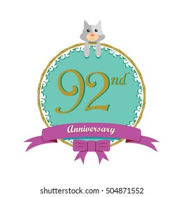 cute mint color circle with grey or gray dog doll and purple ribbon 92nd anniversary design for baby, kids, toys shop, dolls shop, business, and event