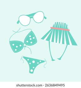 Cute Mint Green Dotted Swimsuit, Hat, and Sunglasses for Summer Fun.